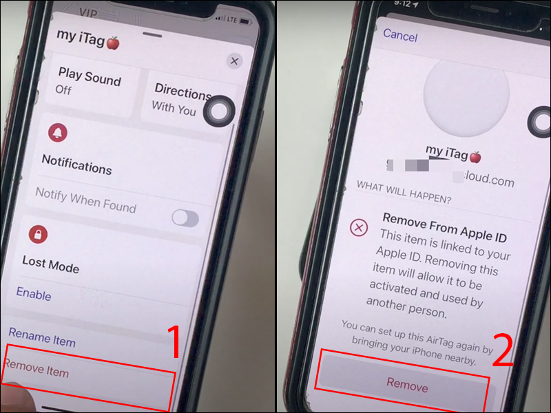 Chọn Remove Item v&agrave; nhấn x&aacute;c nhận Remove để tho&aacute;t Airtag khỏi iPhone